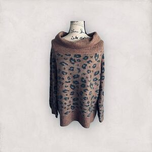 ee:some Long Sleeve Cowl Neck Leopard Print Sweater Pink & Gray Medium